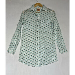 Tory Burch Flamingo Shirt Womens XS White Green Button Up Roll Tab Lightweight
